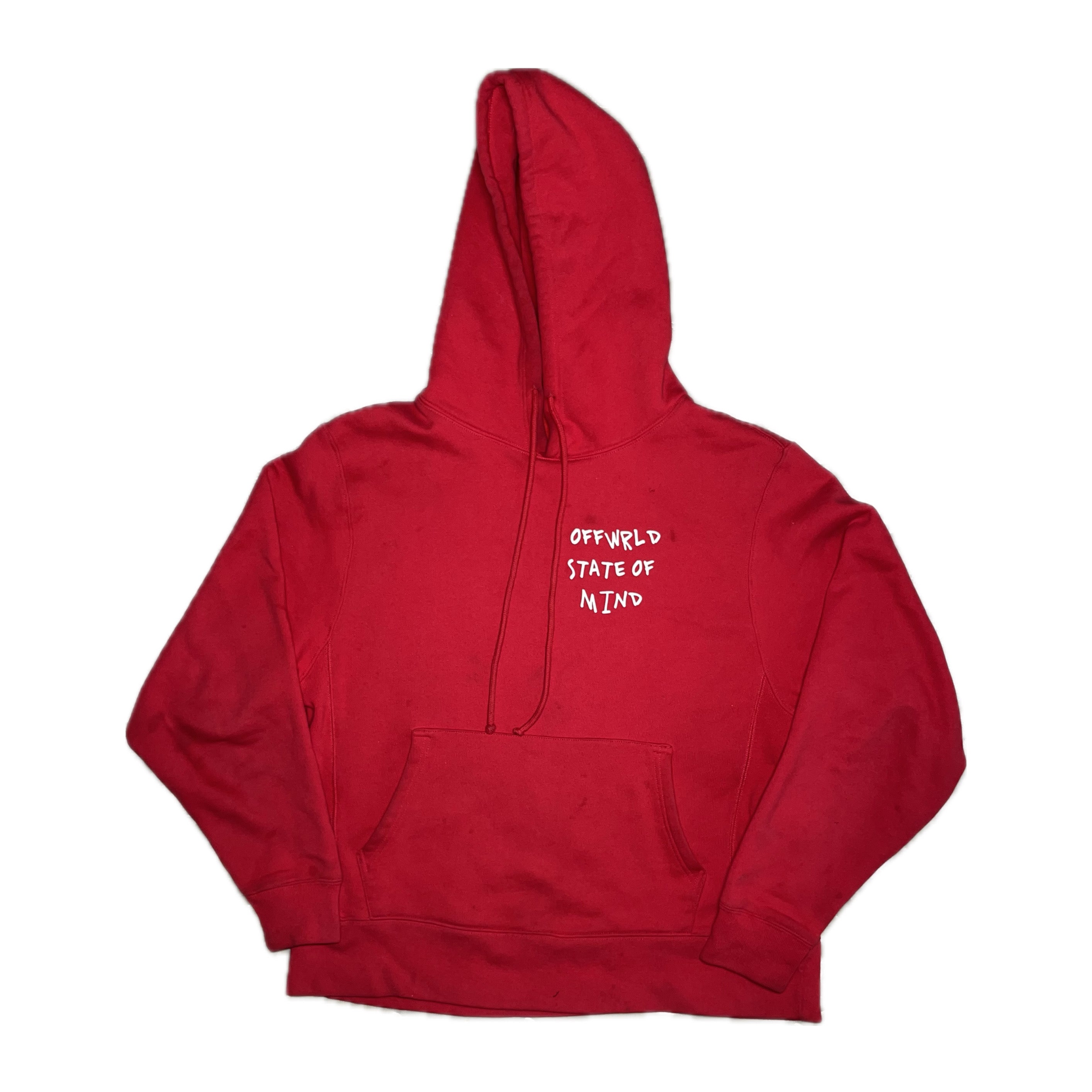 Red hoodie with text on a white background