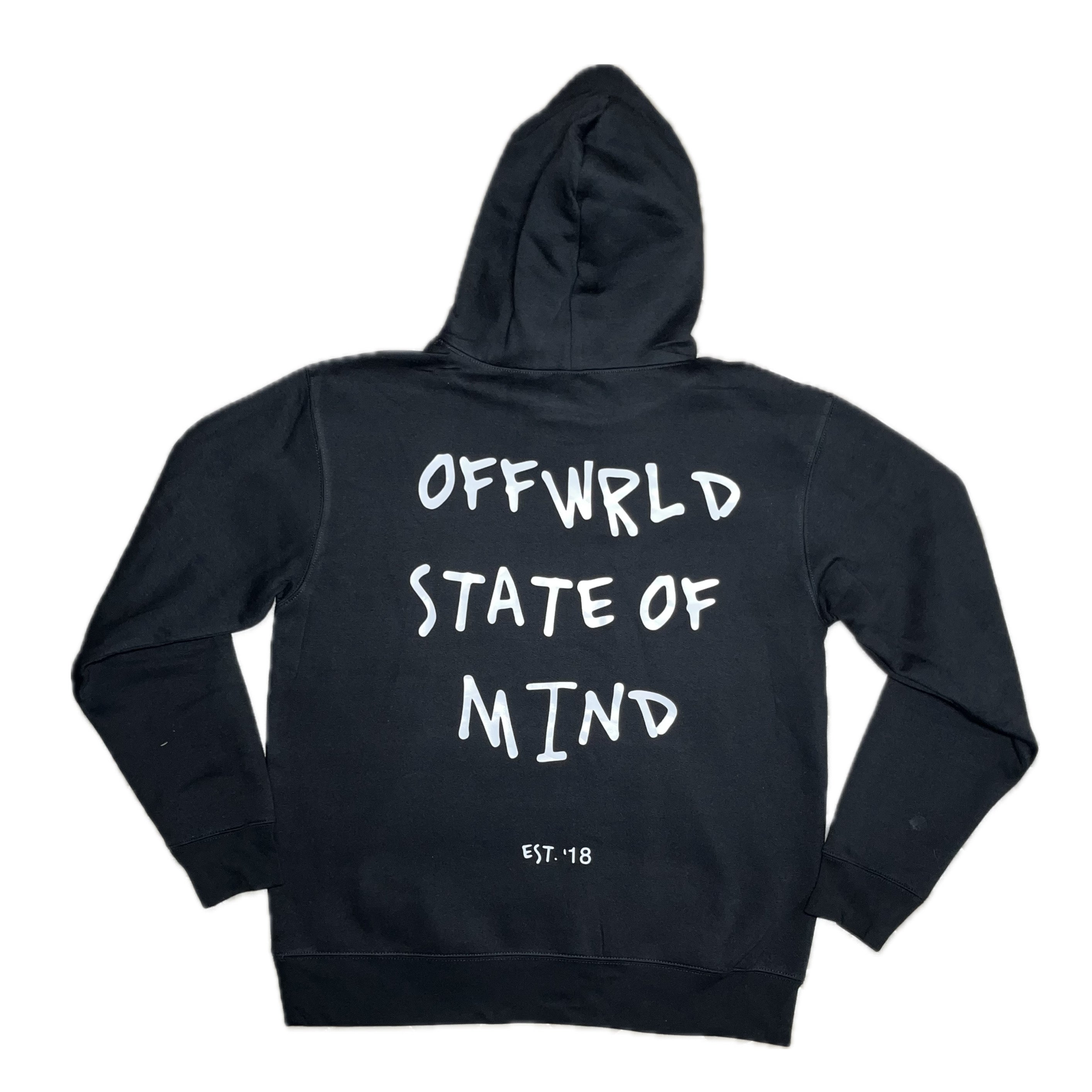 Black hoodie with 'OFFWLD STATE OF MIND' text on a white background